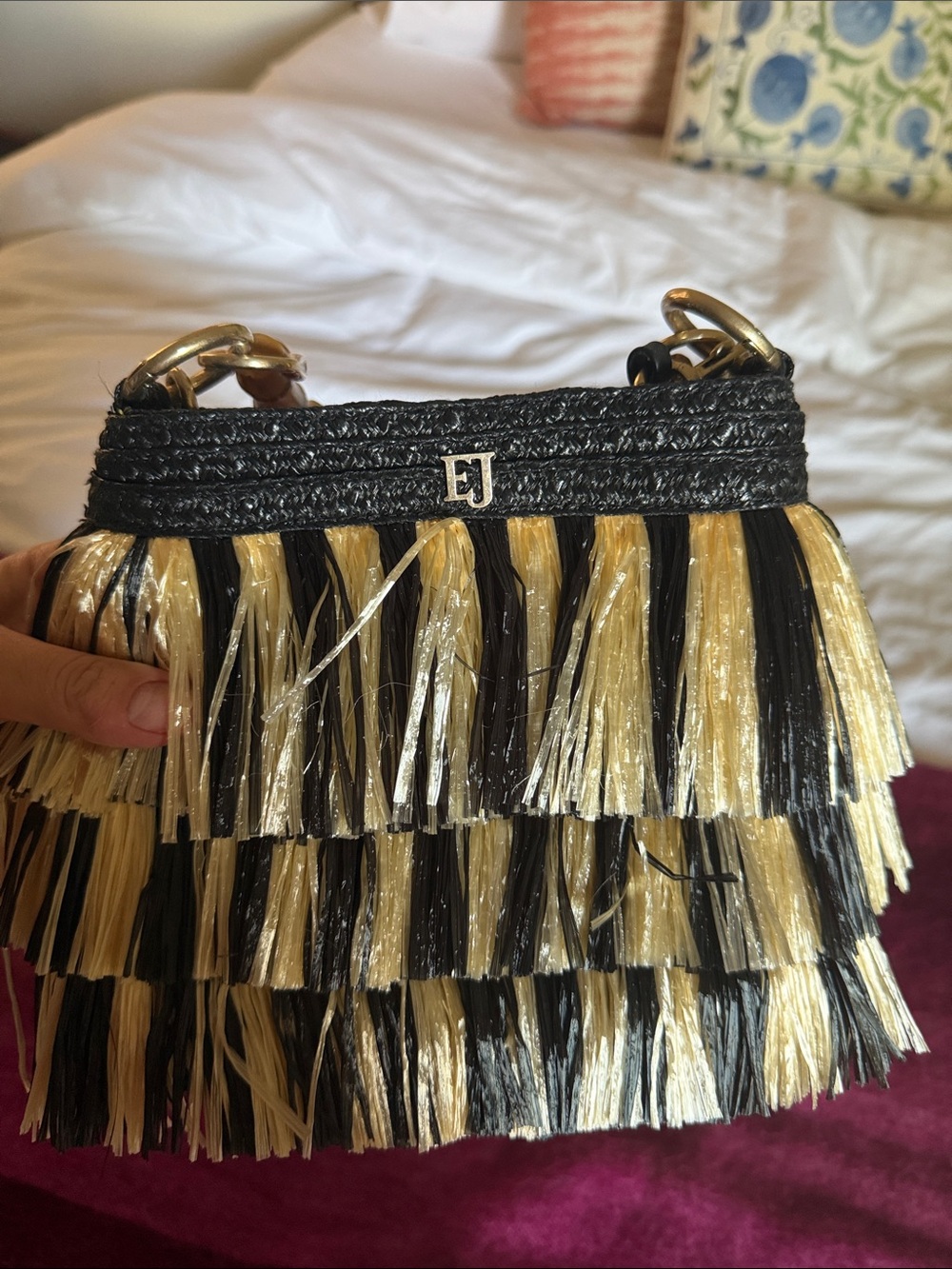 Eric Javits Black and Gold Fringe Shoulder Bag